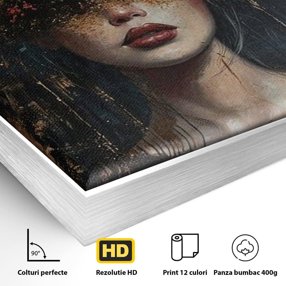Detaliu al suprafetei: tablou canvas cu portret de femeie si trandafiri rosii, in rama de aluminiu argintiu